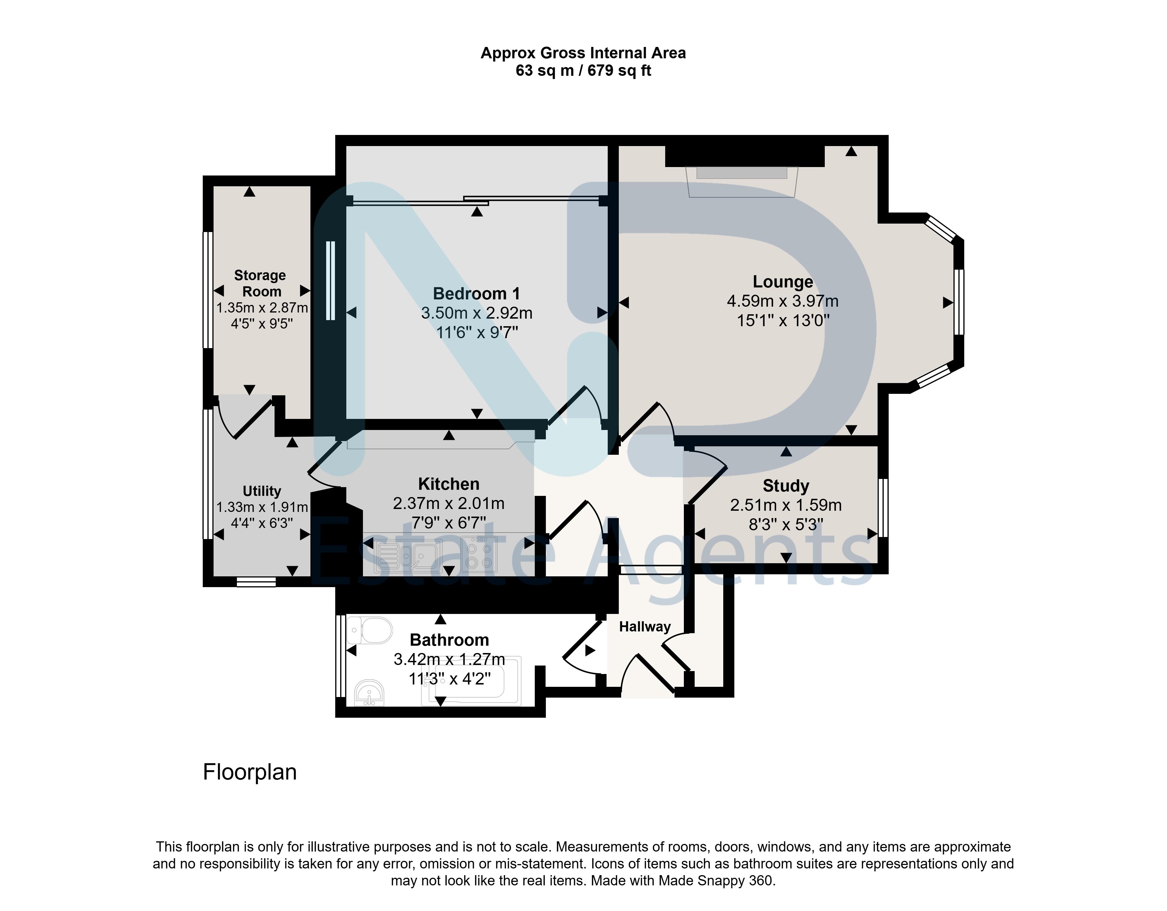 Floor plan for St Helier - One Bedroom Apartment with Study, Storage and Communal Garden