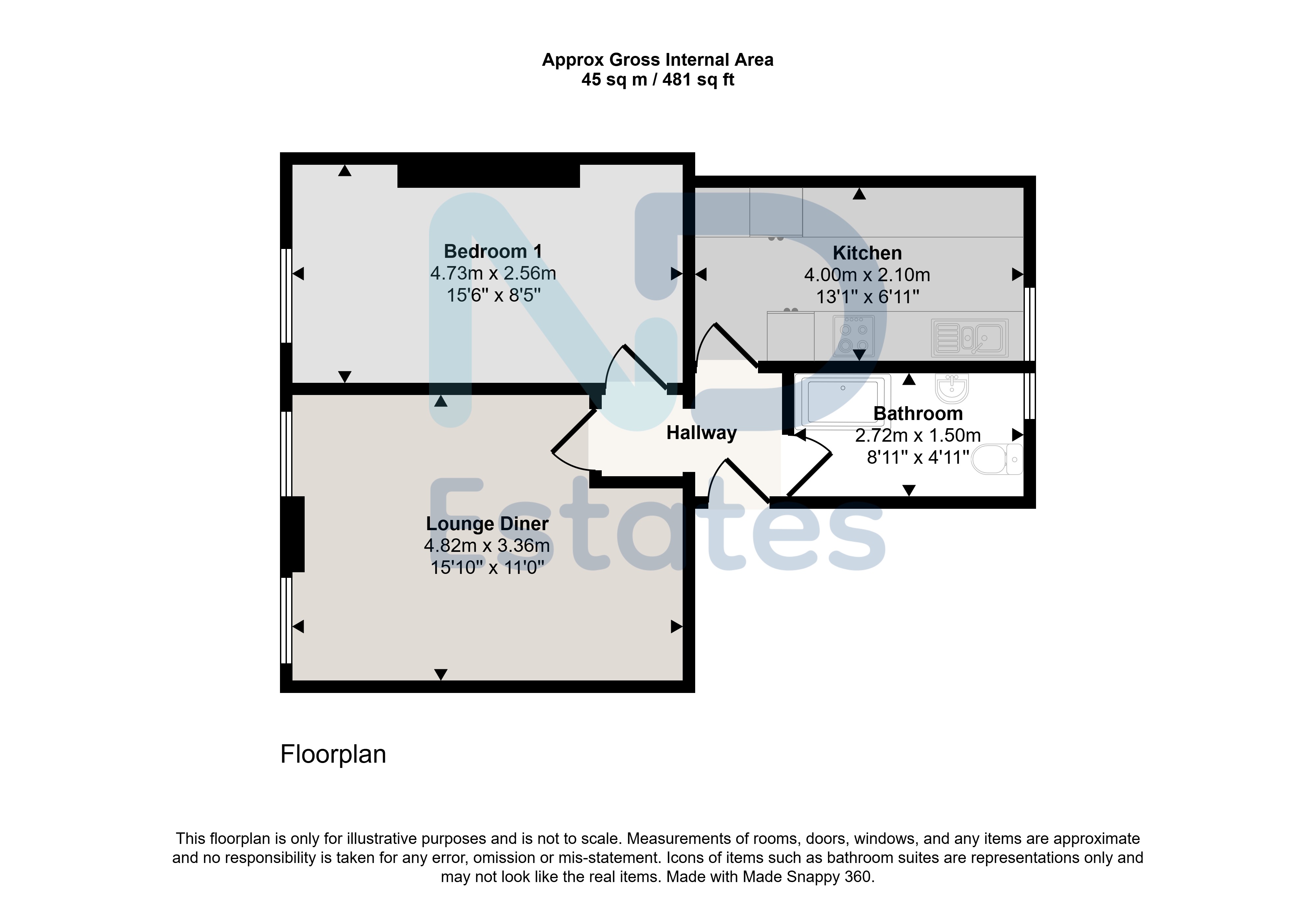 Floor plan for St Helier - One Bedroom Apartment with Communal Garden in Town