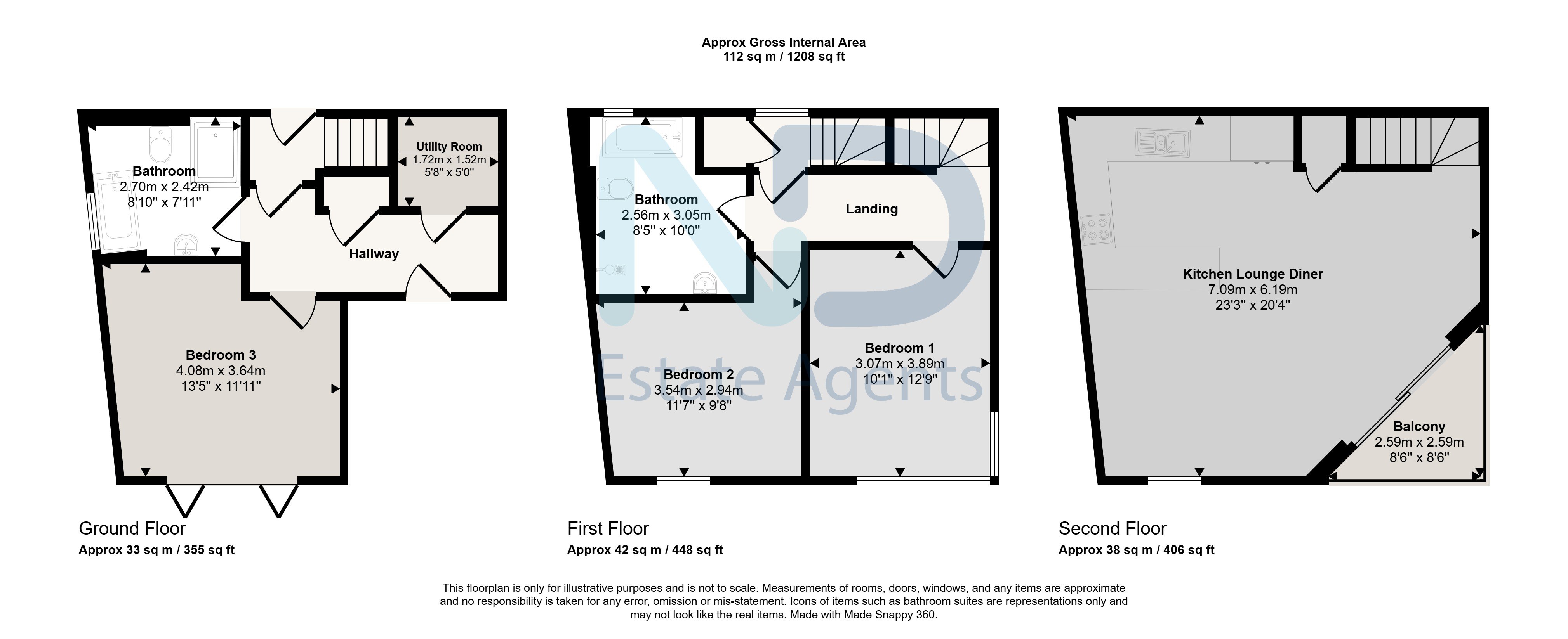 Floor plan for St Helier - Three Bedroom House with Parking, Patio Garden & Balcony