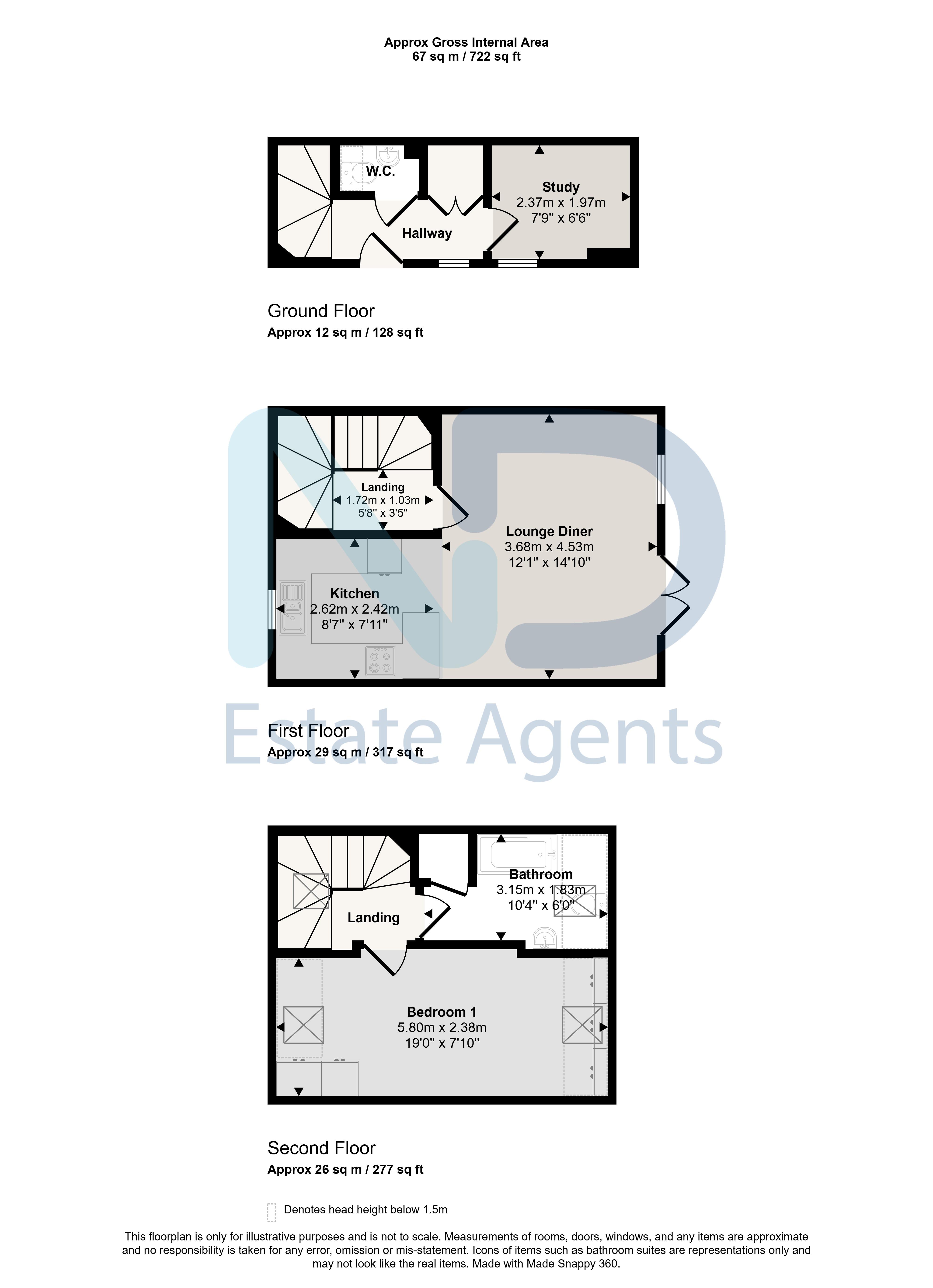 Floor plan for St Helier - One Bedroom Home with Study and Parking plus Garden