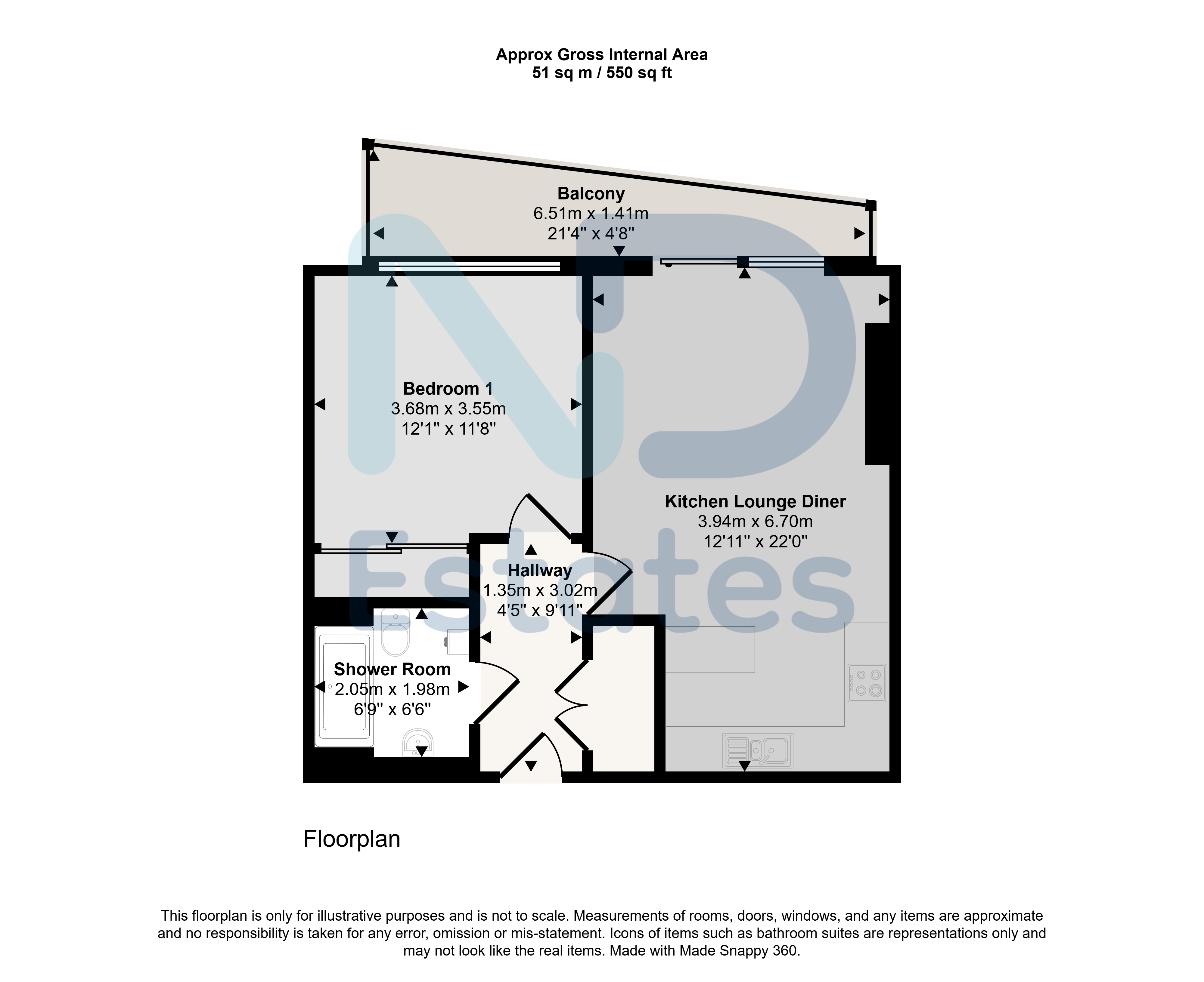 Floor plan for St Helier - One Bedroom Modern Town Apartment with Balcony